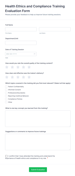 Health Ethics And Compliance Training Evaluation Form Template