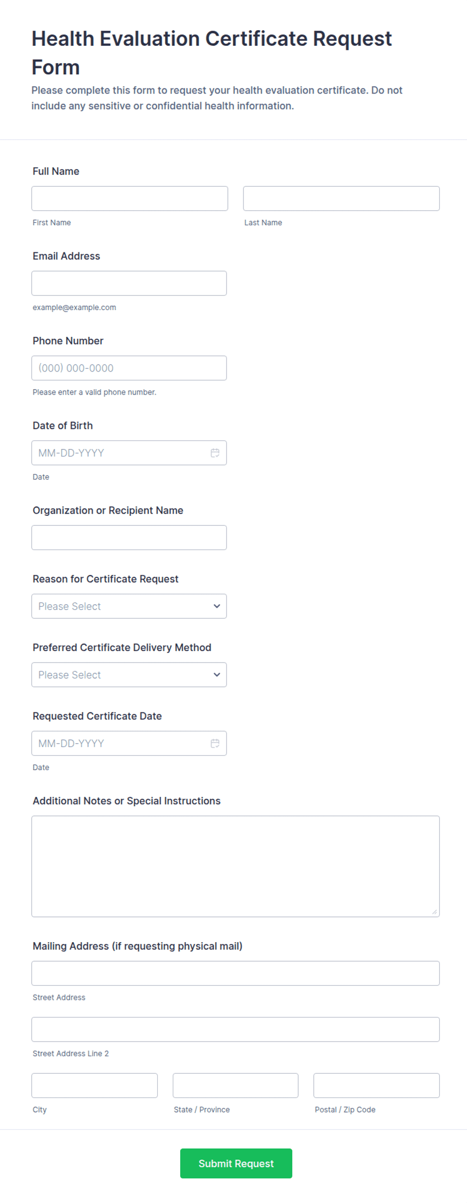 Health Evaluation Certificate Request Form Template | Jotform