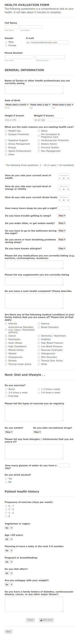 Health Evaluation Form Template