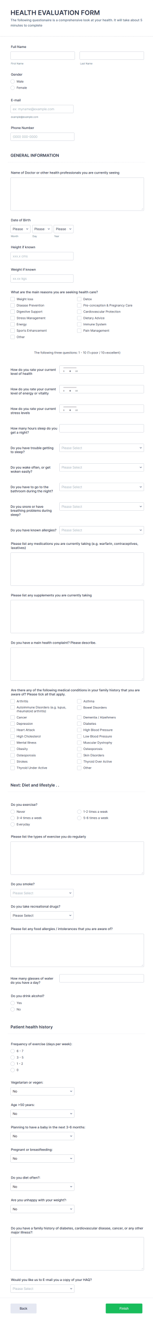Health Evaluation Form Template