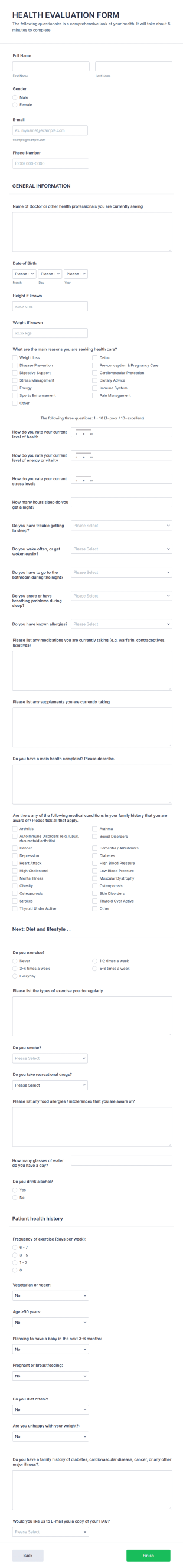 Health Evaluation Form Template