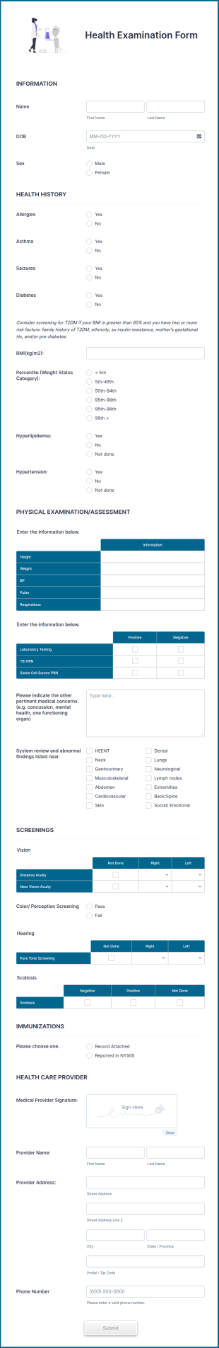 Health Examination Form Template