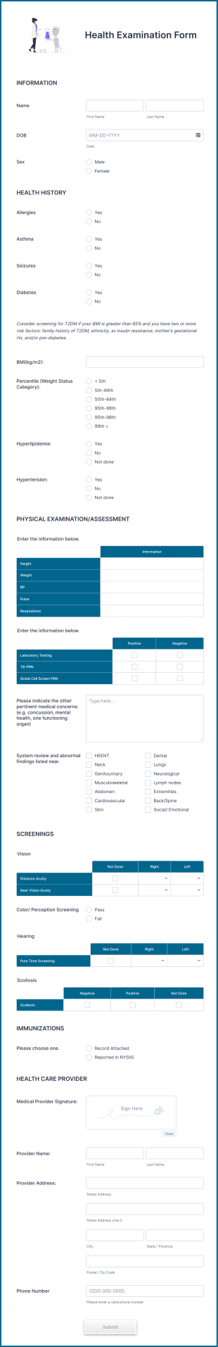 Health Examination Form Template