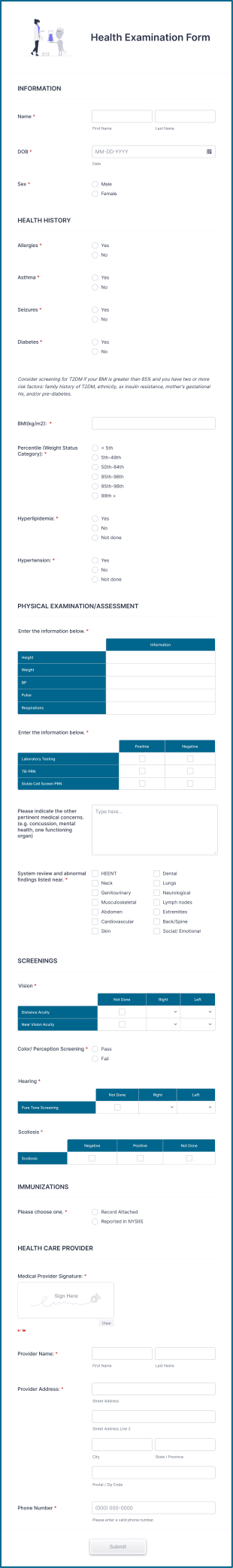 Health Examination Form Template