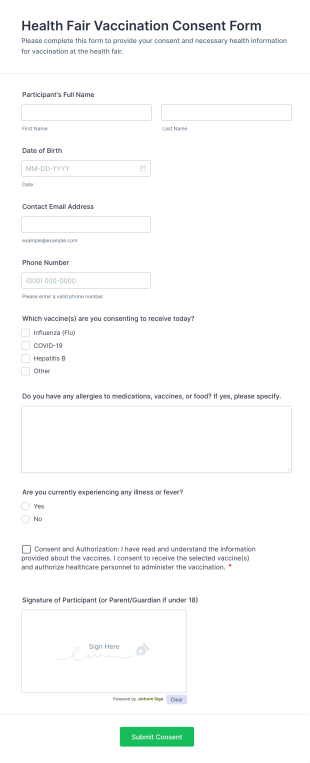 Health Fair Vaccination Consent Form Template