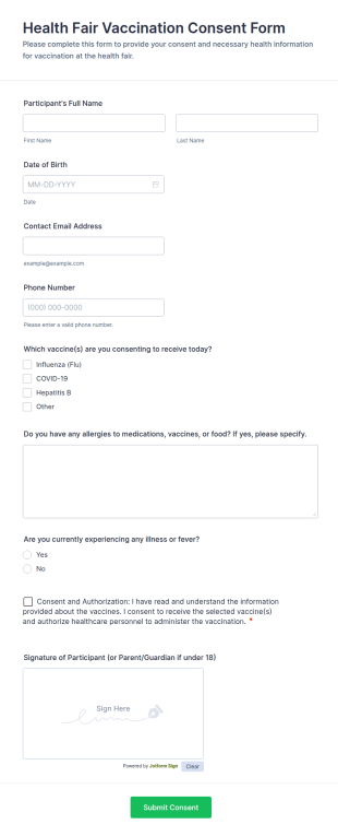 Health Fair Vaccination Consent Form Template