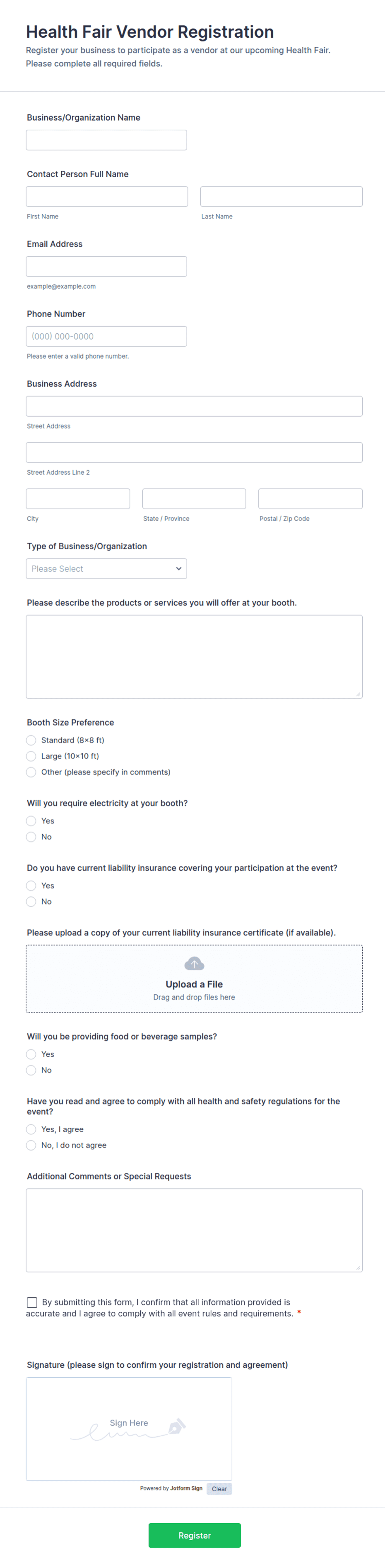 Health Fair Vendor Registration Form Template | Jotform