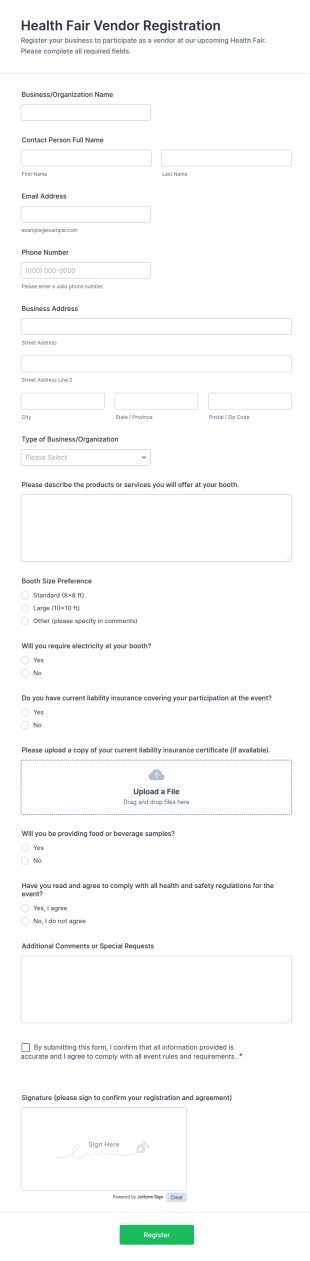 Health Fair Vendor Registration Form Template