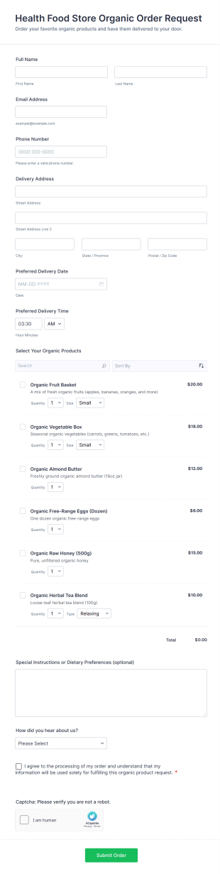 Health Food Store Organic Order Request Form Template