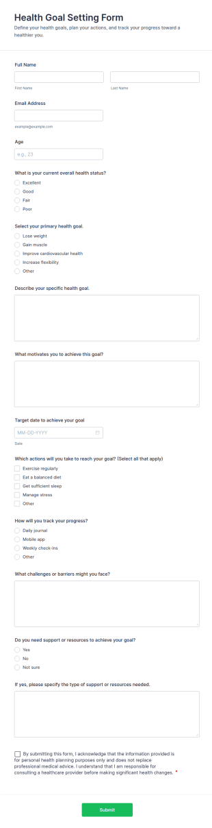 Health Goal Setting Form Template