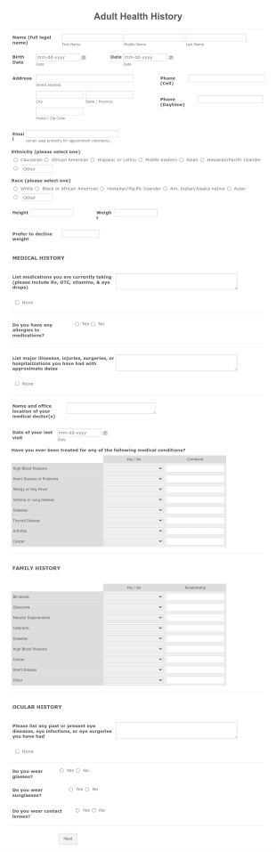 Health History Form Template