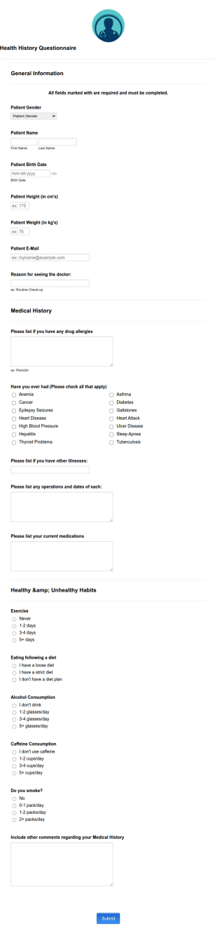 Health History Questionnaire Form Template