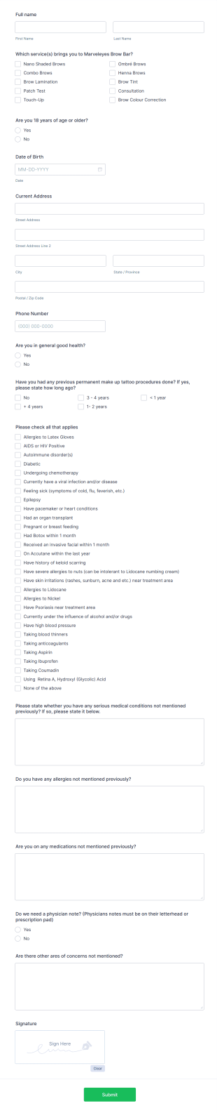 Health History General Survey Form Template