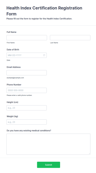 Health Index Certification Registration Form Template