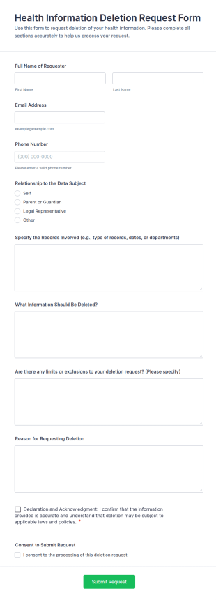 Health Information Deletion Request Form Template