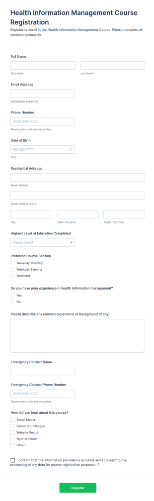 Health Information Management Course Registration Form Template