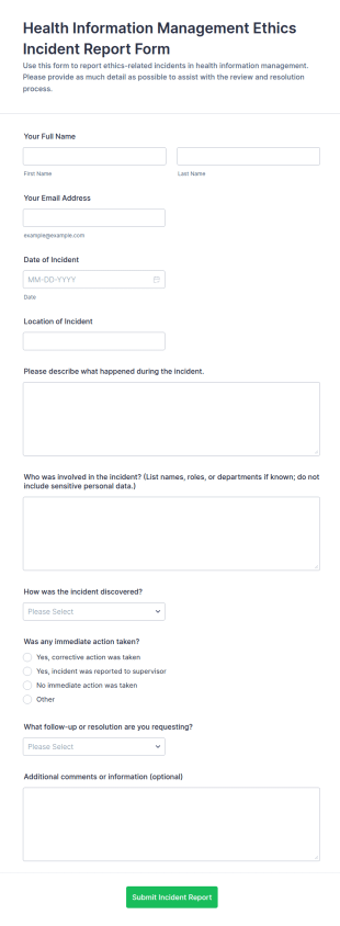 Health Information Management Ethics Incident Report Form Template