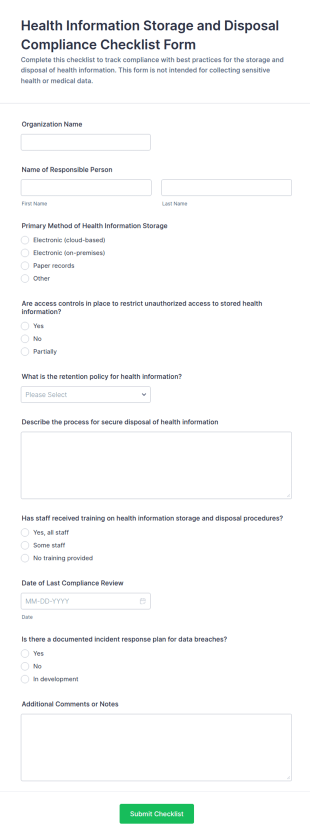 Health Information Storage And Disposal Compliance Checklist Form Template