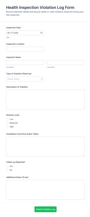 Health Inspection Violation Log Form Template