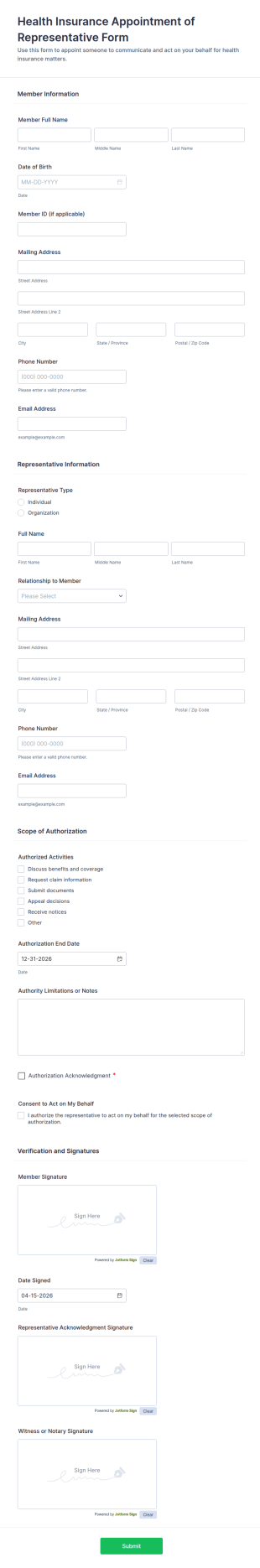 Health Insurance Appointment Of Representative Form Template