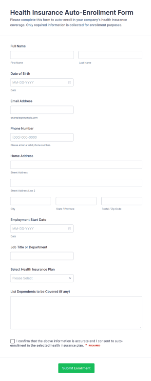 Health Insurance Auto Enrollment Form Template