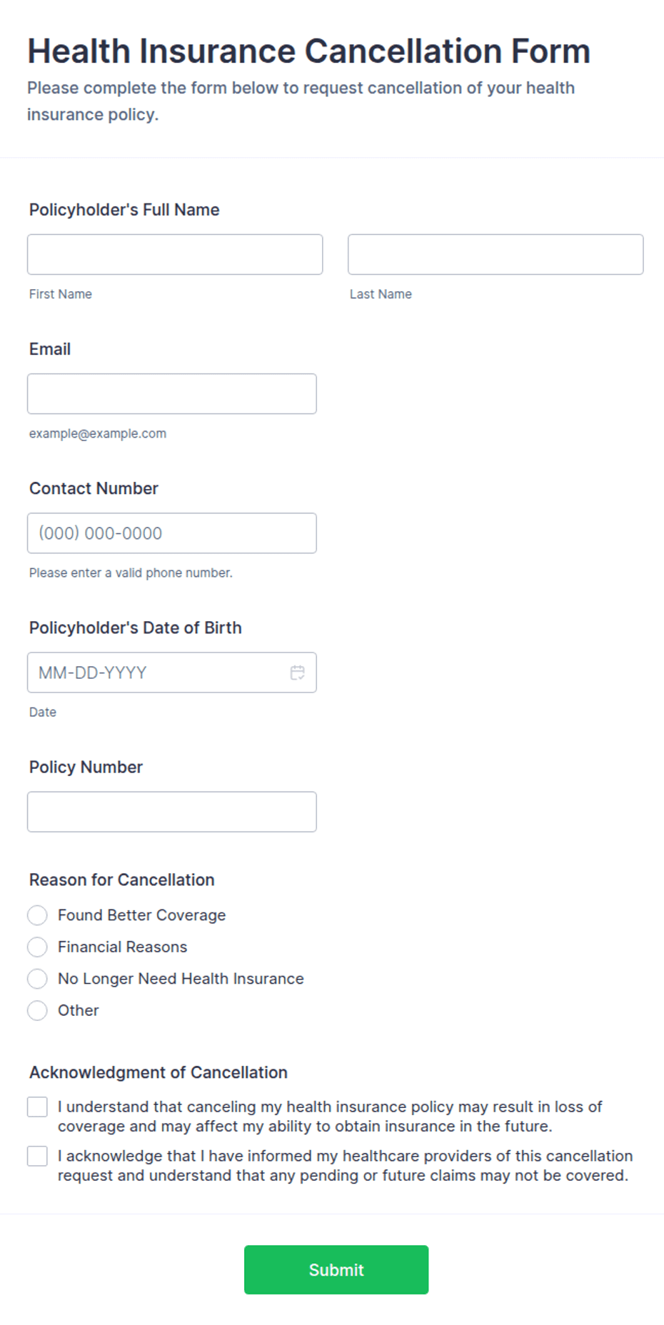Insurance Cancel Form Health Insurance Cancellation Form Template | Jotform