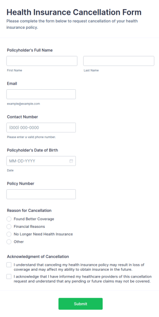 Health Insurance Cancellation Form Template
