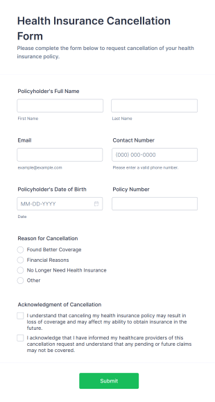 Health Insurance Cancellation Form Template