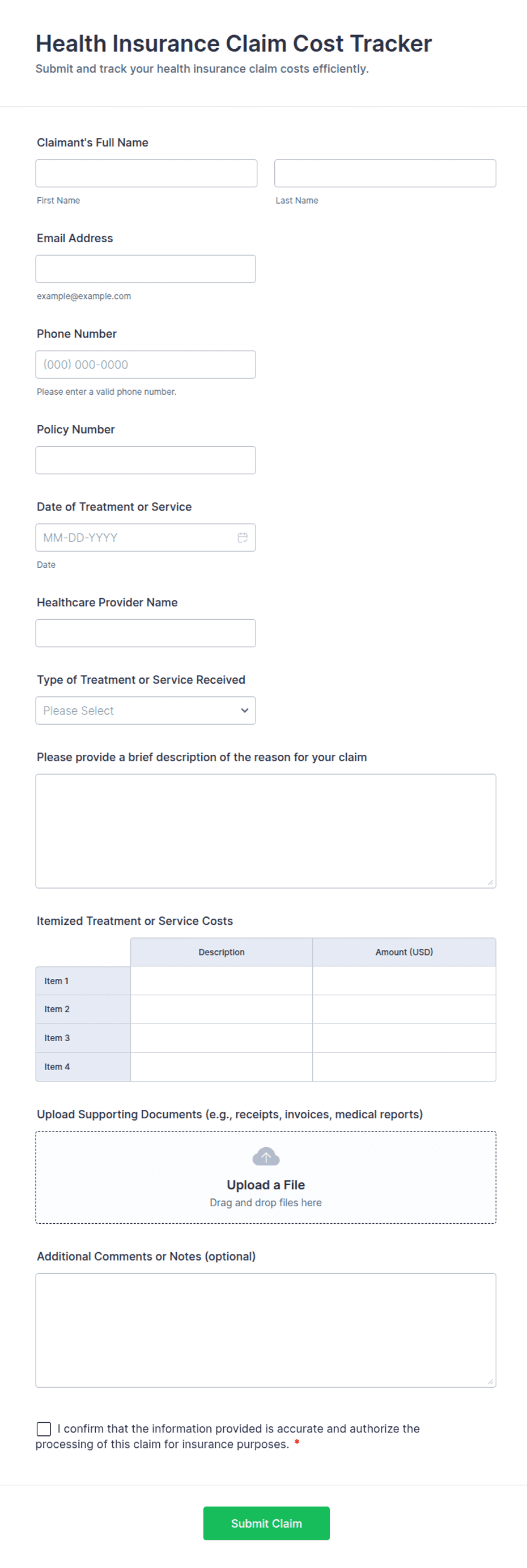 Health Insurance Claim Cost Tracker Form Template | Jotform