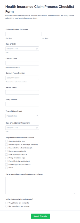 Health Insurance Claim Process Checklist Form Template