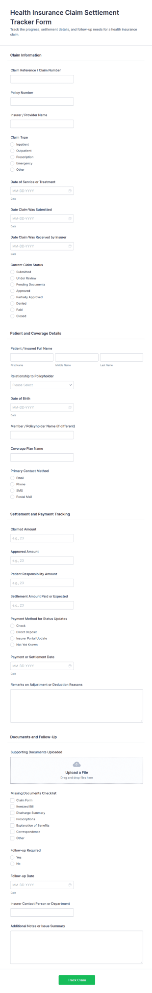Health Insurance Claim Settlement Tracker Form Template