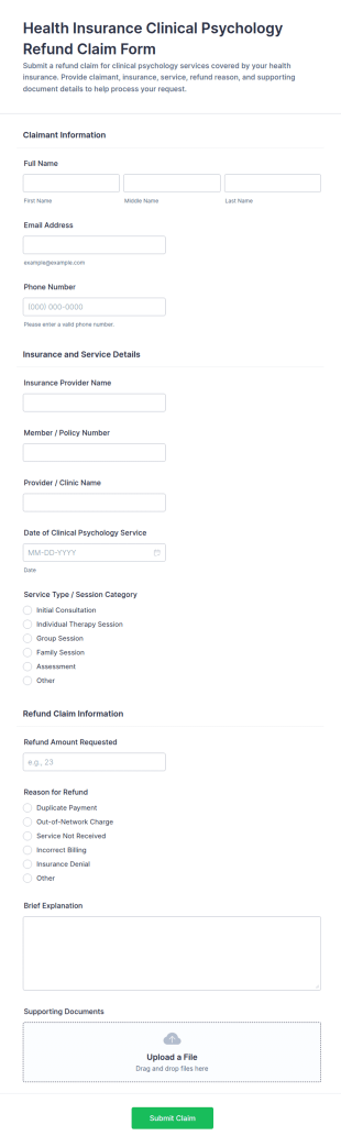 Health Insurance Clinical Psychology Refund Claim Form Template