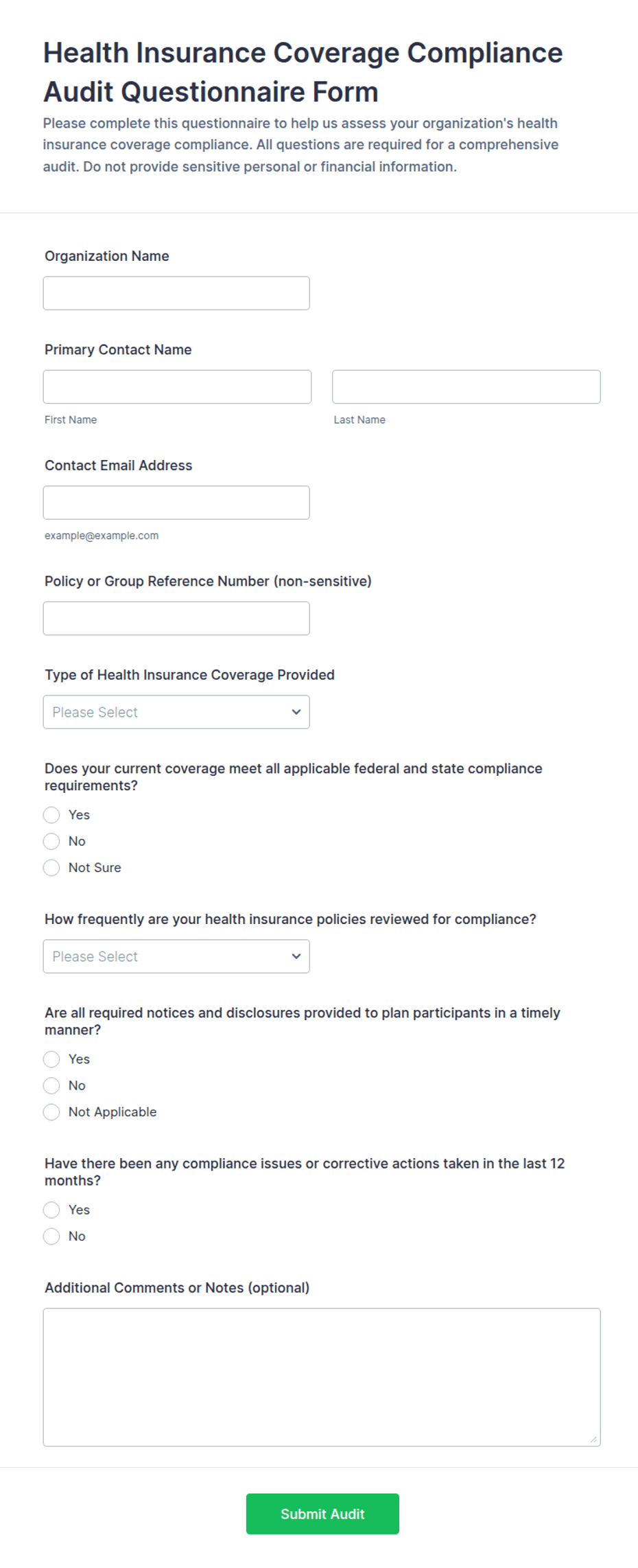 Health Insurance Coverage Compliance Audit Questionnaire Form Template ...