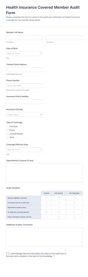 Health Insurance Covered Member Audit Form Template