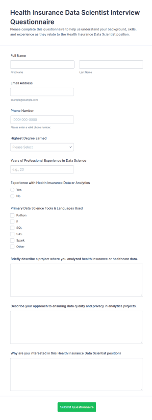 Health Insurance Data Scientist Interview Questionnaire Form Template