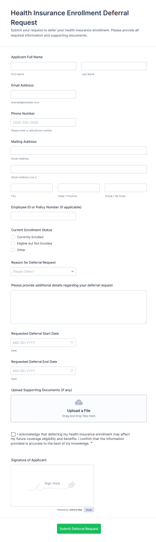 Health Insurance Enrollment Deferral Request Form Template