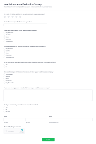 Health Insurance Evaluation Survey Form Template