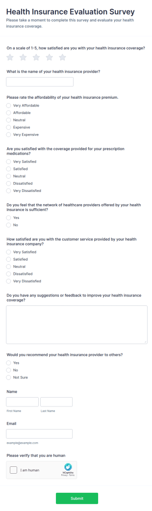 Health Insurance Evaluation Survey Form Template