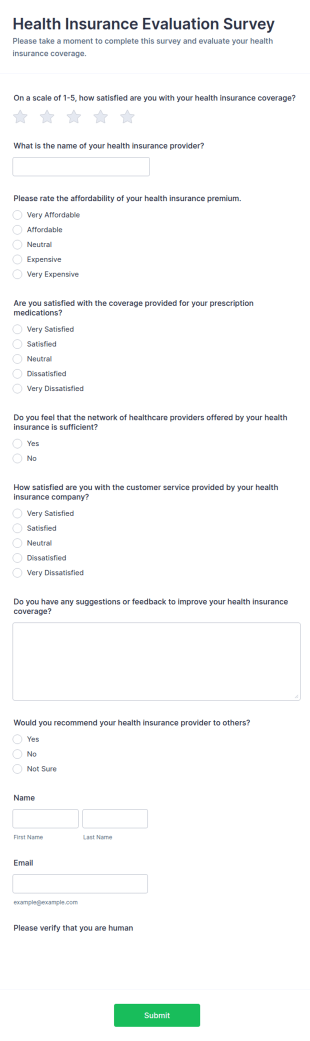 Health Insurance Evaluation Survey Form Template