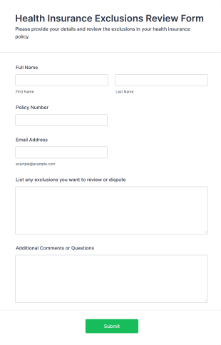 Health Insurance Exclusions Review Form Form Template