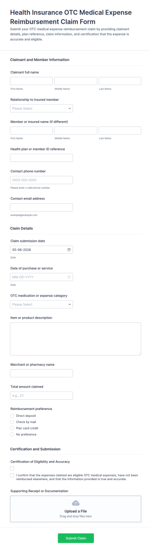 Health Insurance OTC Medical Expense Reimbursement Claim Form Template
