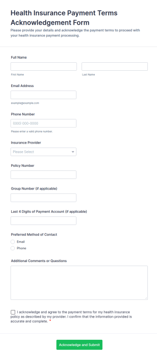 Health Insurance Payment Terms Acknowledgement Form Template