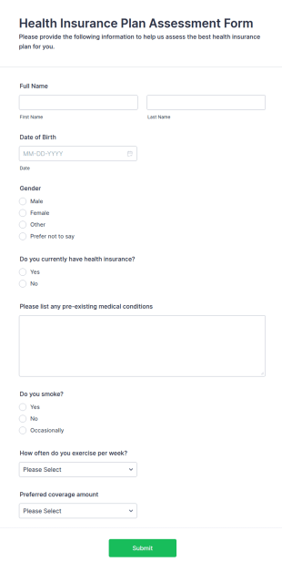 Health Insurance Plan Assessment Form Template