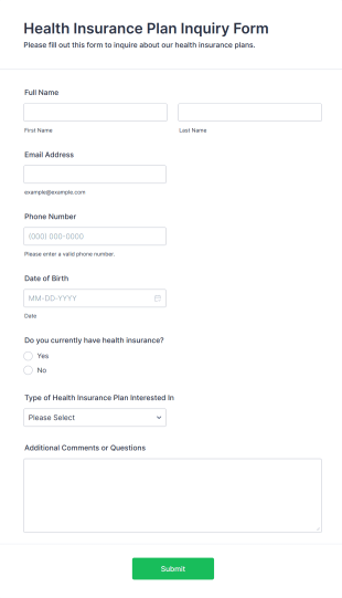 Health Insurance Plan Inquiry Form Form Template