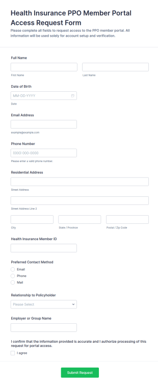 Health Insurance PPO Member Portal Access Request Form Template