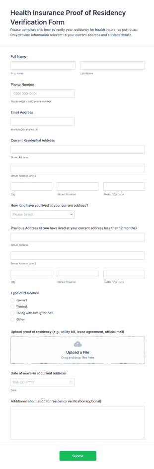 Health Insurance Proof Of Residency Verification Form Template