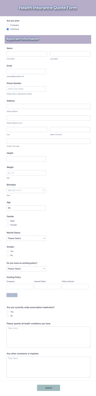 Health Insurance Quote Form Template