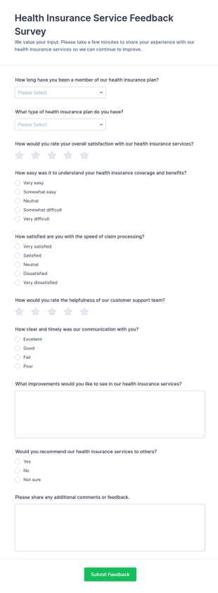 Health Insurance Service Feedback Survey Form Template
