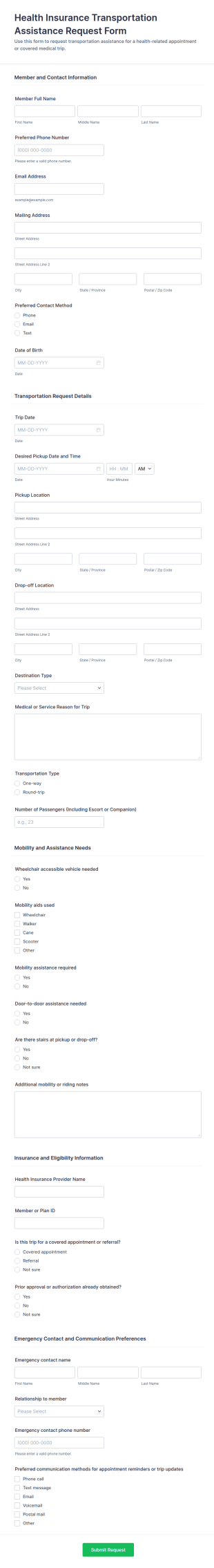 Health Insurance Transportation Assistance Request Form Template