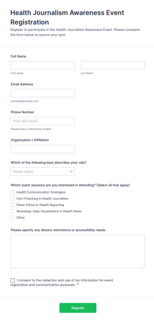 Health Journalism Awareness Event Registration Form Template